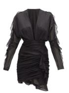 Matchesfashion.com Alexandre Vauthier - Plunge-neck Ruffled Cotton-voile Mini Dress - Womens - Black
