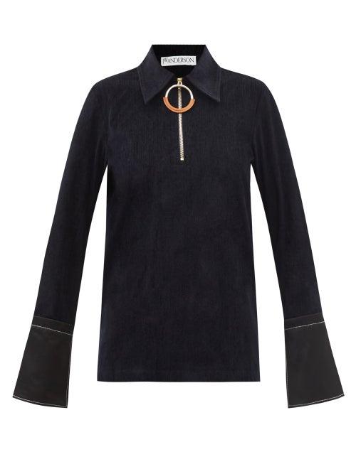 Jw Anderson - Flared-cuff Half-zip Jersey Top - Womens - Navy
