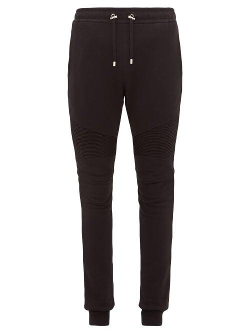 Matchesfashion.com Balmain - Flocked-logo Pintucked-panel Cotton Track Pants - Mens - Black