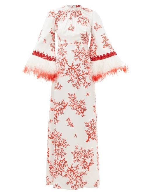 Andrew Gn - Coral-print Feather-trim Silk Gown - Womens - White Print