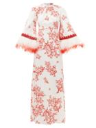 Andrew Gn - Coral-print Feather-trim Silk Gown - Womens - White Print