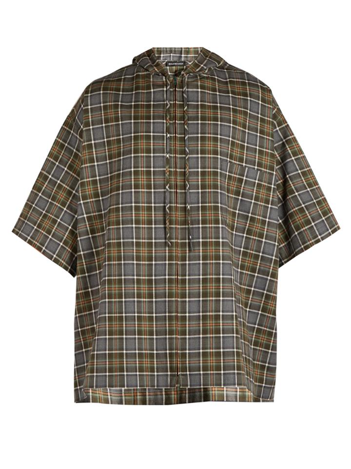 Balenciaga Hooded Short-sleeved Plaid Shirt