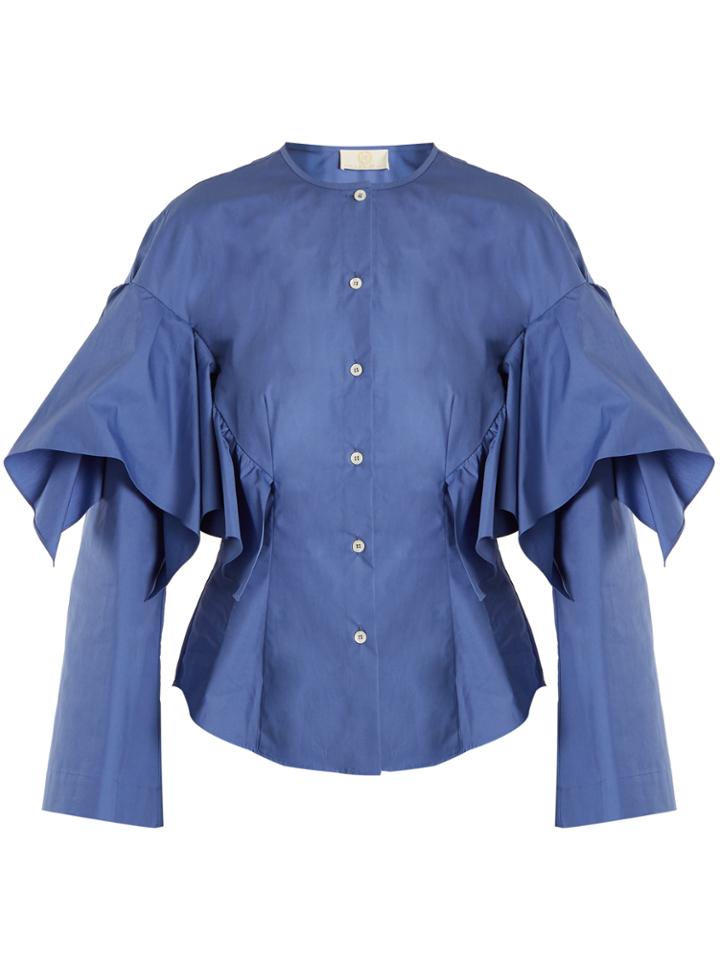Sara Battaglia Collarless Ruffled Cotton Shirt