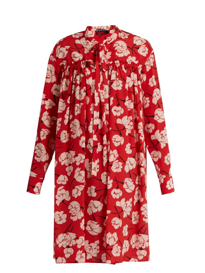 Rochas Ruffled-front Magnolia-print Silk Dress