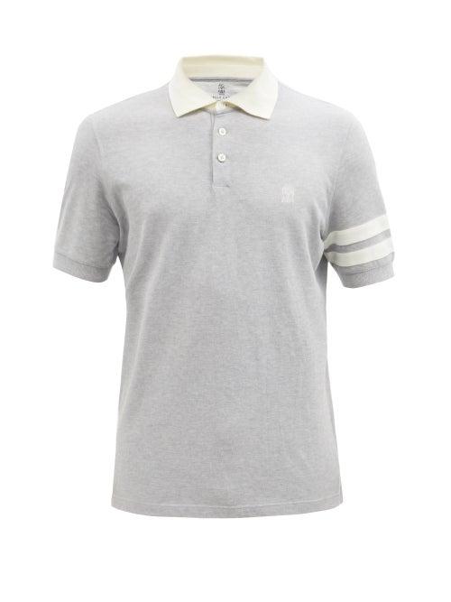 Brunello Cucinelli - Striped-sleeve Cotton-piqu Polo Shirt - Mens - Light Grey