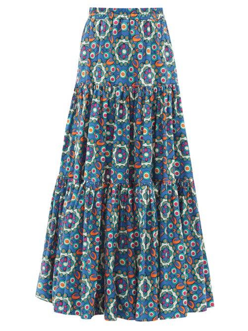 Matchesfashion.com La Doublej - Big Kaleidoscope Bluette-print Tiered Cotton Skirt - Womens - Blue Multi