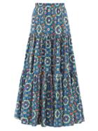 Matchesfashion.com La Doublej - Big Kaleidoscope Bluette-print Tiered Cotton Skirt - Womens - Blue Multi