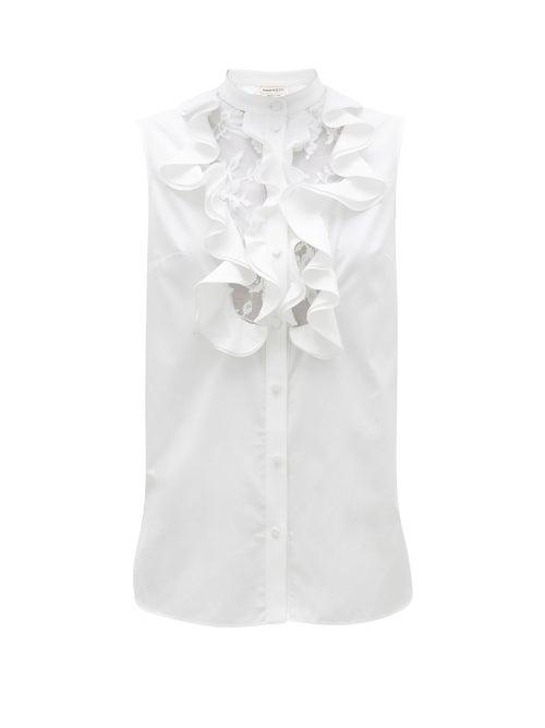 Matchesfashion.com Alexander Mcqueen - Ruffled And Lace-bib Cotton-poplin Top - Womens - White