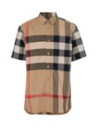 Mens Rtw Burberry - Somerton Giant-check Poplin Short-sleeved Shirt - Mens - Beige