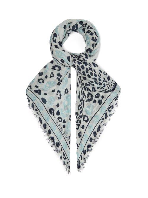 Matchesfashion.com Alexander Mcqueen - Skull And Leopard Print Scarf - Womens - Blue