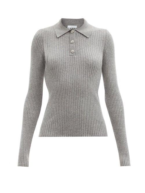Matchesfashion.com Ganni - Crystal-button Ribbed Recycled-fibre Polo Sweater - Womens - Grey