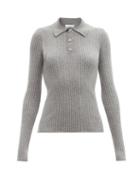 Matchesfashion.com Ganni - Crystal-button Ribbed Recycled-fibre Polo Sweater - Womens - Grey
