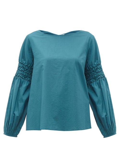 Matchesfashion.com Merlette - Miombo Smocked Sleeve Cotton Poplin Blouse - Womens - Blue