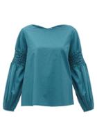 Matchesfashion.com Merlette - Miombo Smocked Sleeve Cotton Poplin Blouse - Womens - Blue