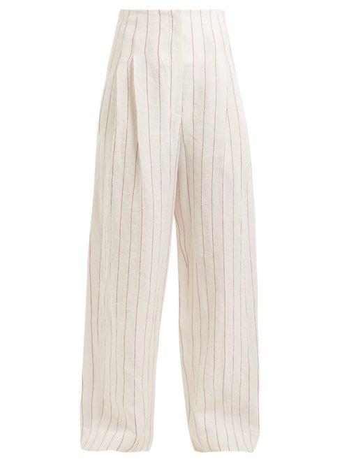 Matchesfashion.com Brunello Cucinelli - High Rise Pinstriped Linen Blend Trousers - Womens - Ivory Multi