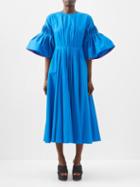 Roksanda - Iosefena Gathered-sleeve Cotton Midi Dress - Womens - Blue