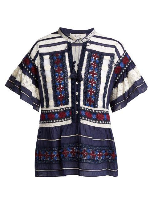 Matchesfashion.com Sea - Ila Lace Cotton Voile Blouse - Womens - Navy Multi