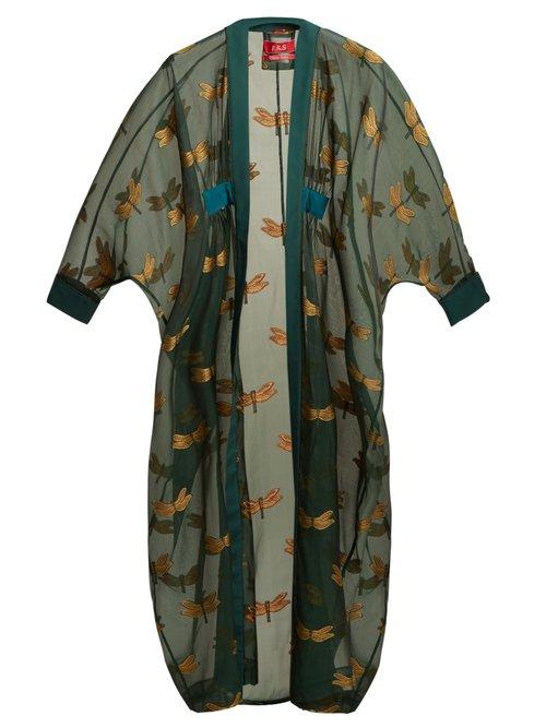 Matchesfashion.com F.r.s - For Restless Sleepers - Icelos Dragonfly Fil Coup Silk Blend Sheer Coat - Womens - Dark Green