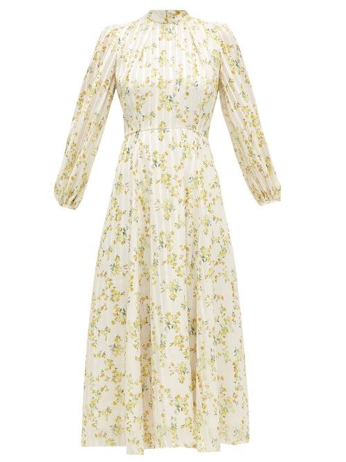 Matchesfashion.com Beulah - Sonia Floral-print Satin-stripe Chiffon Dress - Womens - Yellow White