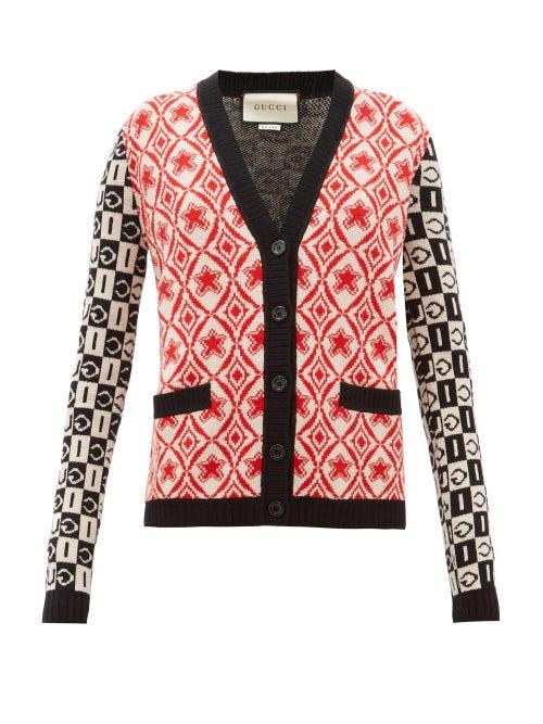Matchesfashion.com Gucci - Logo Jacquard Wool Cardigan - Womens - Red Multi
