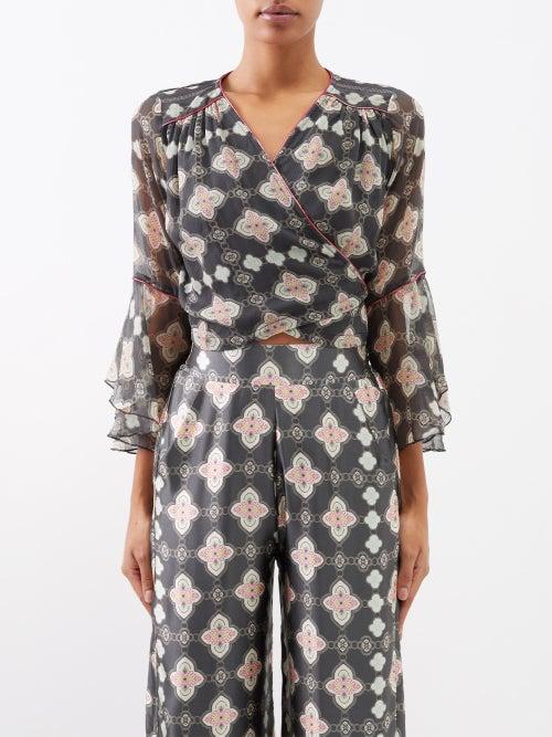 Lolita Jaca - Bohemia-print Silk-chiffon Wrap Top - Womens - Black Print