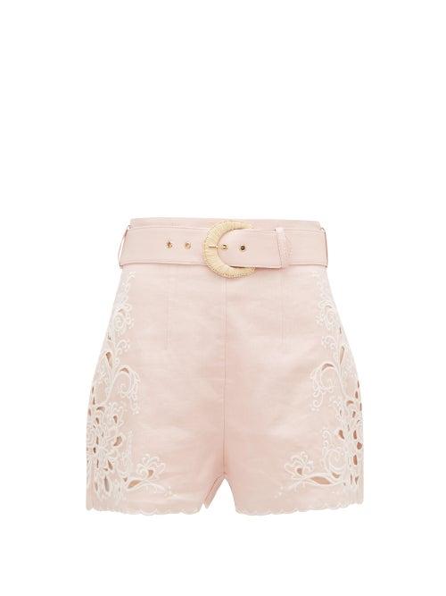 Matchesfashion.com Zimmermann - Freja High-rise Embroidered Linen Shorts - Womens - Light Pink