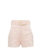 Matchesfashion.com Zimmermann - Freja High-rise Embroidered Linen Shorts - Womens - Light Pink