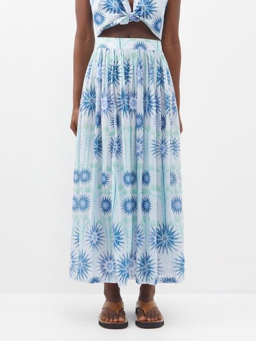 Emporio Sirenuse - Leandra Sea U Cotton-voile Midi Skirt - Womens - Blue