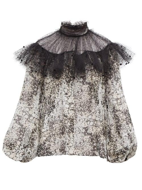 Matchesfashion.com Giambattista Valli - Ruffled Neck Floral Print Silk Blouse - Womens - Black White