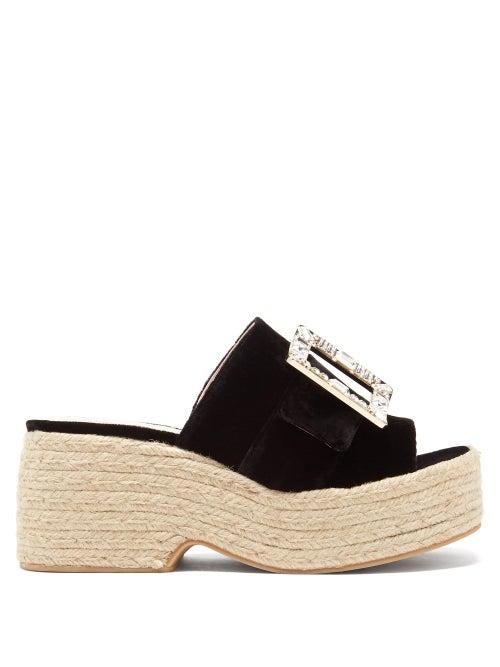 Matchesfashion.com Roger Vivier - Crystal-buckle Velvet Espadrille Mules - Womens - Black