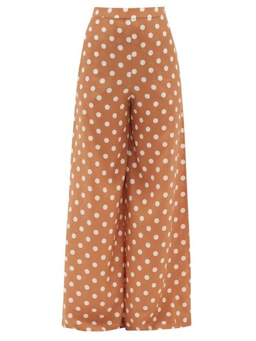 Matchesfashion.com Zimmermann - Polka-dot Silk-charmeuse Wide-leg Trousers - Womens - Brown Print