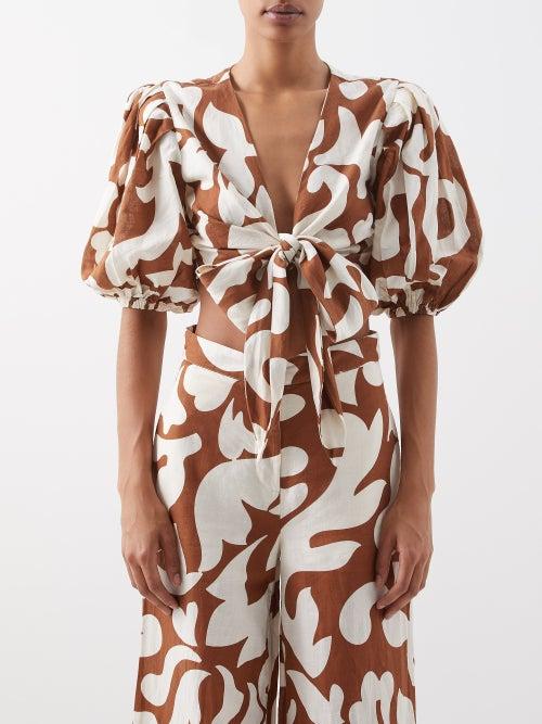 Rhode - Cheryl Printed Linen-blend Crop Top - Womens - Brown Print