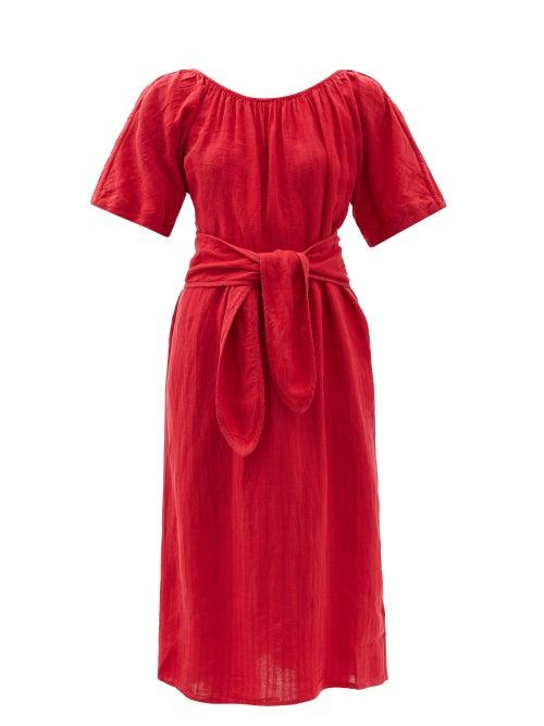 Ladies Beachwear Mara Hoffman - Aliz Belted Gathered Linen-blend Midi Dress - Womens - Red