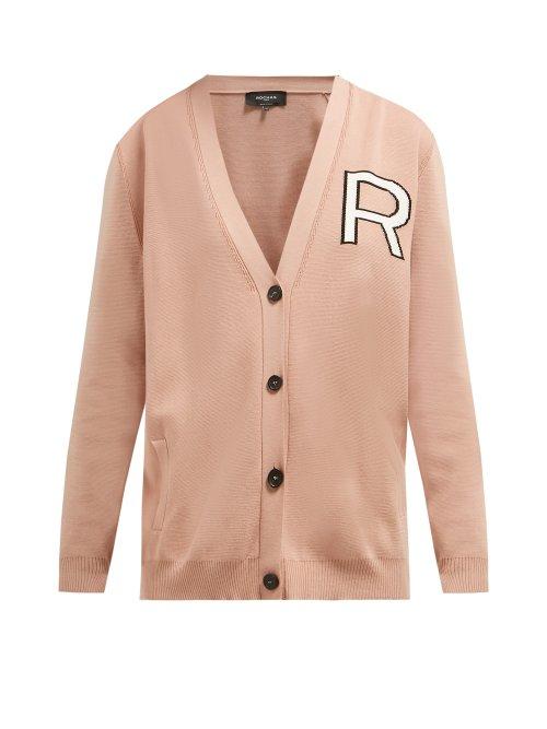 Matchesfashion.com Rochas - Logo Intarsia R Cotton Cardigan - Womens - Pink