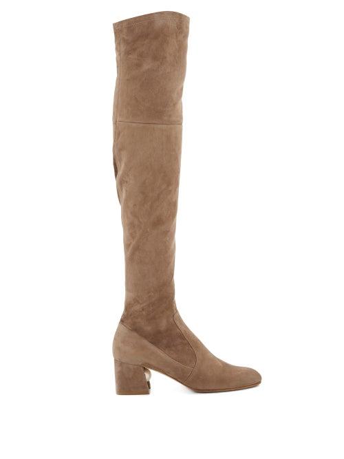 Matchesfashion.com Nicholas Kirkwood - Miri Faux Pearl-embellished Suede Knee-high Boots - Womens - Khaki