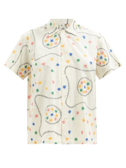 Bode - Fleurette Embroidered Cotton Short-sleeved Shirt - Womens - White Multi