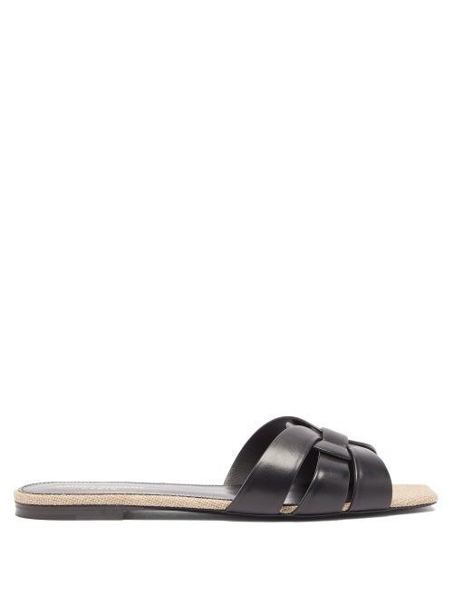 Matchesfashion.com Saint Laurent - Tribute Nu Pieds Leather And Canvas Slides - Womens - Black