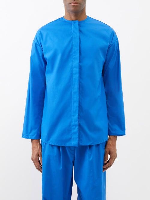 Albus Lumen - Collarless Cotton-poplin Shirt - Mens - Blue