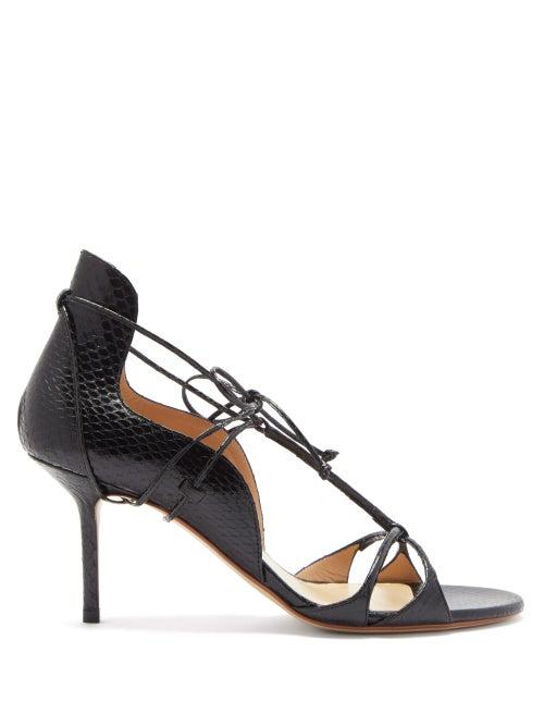 Matchesfashion.com Francesco Russo - Laced Snakeskin Stiletto Sandals - Womens - Black