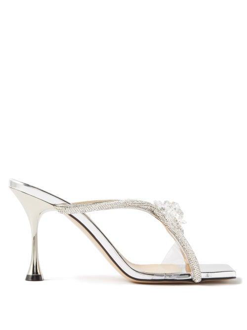 Mach & Mach - Flower X Crystal-embellished Leather Mules - Womens - Silver