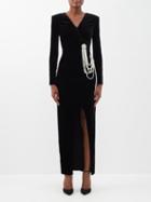 Balmain - Faux Pearl-embellished Velvet Wrap Gown - Womens - Multi