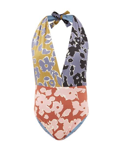 Matchesfashion.com Cala De La Cruz - Mara Floral-print Halterneck Swimsuit - Womens - Multi