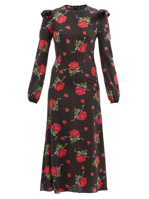 Rodarte - Rose And Heart-print Silk-blend Crepe Midi Dress - Womens - Black Red