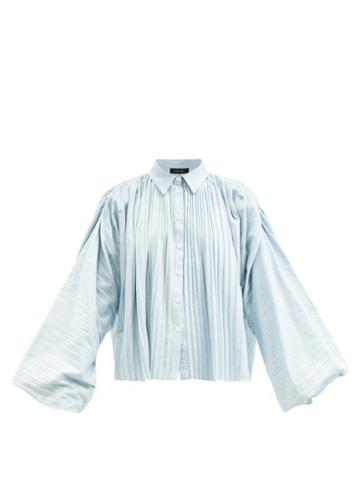 Made In Tomboy - Claire Balloon-sleeve Pleated Cotton Shirt - Womens - Light Blue