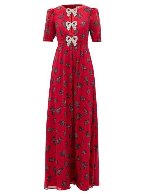 Saloni - Jamie Bow-print Silk Maxi Dress - Womens - Red Print