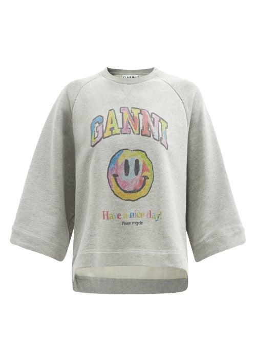 Ganni - Smiling Oversized Face-print Jersey Sweatshirt - Womens - Light Grey