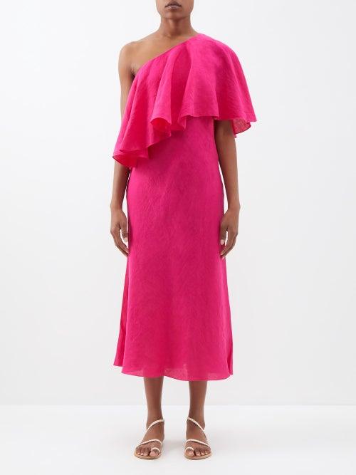 Three Graces London - Valentina One-shoulder Frilled Linen Dress - Womens - Magenta