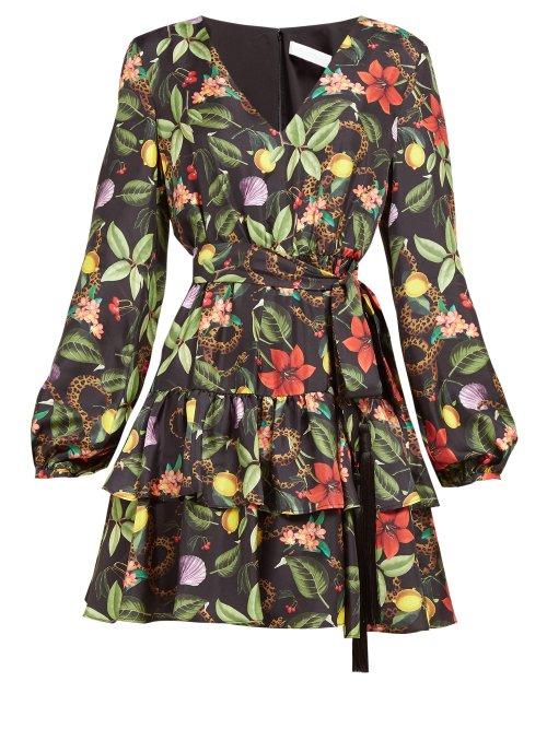Matchesfashion.com Borgo De Nor - Olivia Tropical Print Tie Waist Silk Mini Dress - Womens - Black Multi