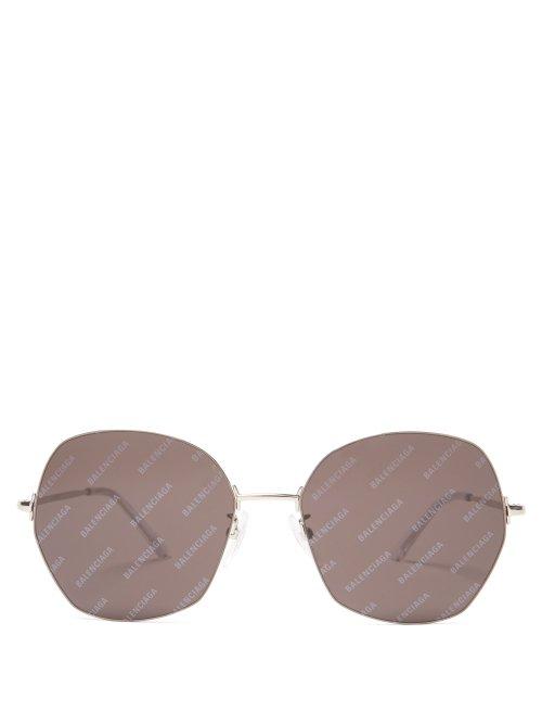 Matchesfashion.com Balenciaga - Logomania Oversized Round Frame Metal Sunglasses - Womens - Black