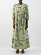 Loretta Caponi - Ariel Floral-print Cotton-voile Dress - Womens - Blue Print